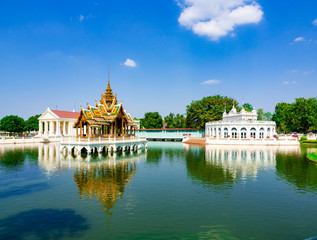 Wall Mural - ฺBuilding Mid water Pattern Style Thai architecture and Europe architecture at,Bang Pa In Royal Palace Ayutthaya Thailand,Thai identity,Background Blue Sky