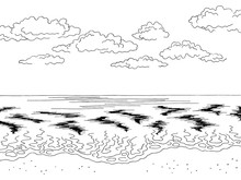 Sea Coast Graphic Beach Black White Landscape Sketch Illustration Vector
