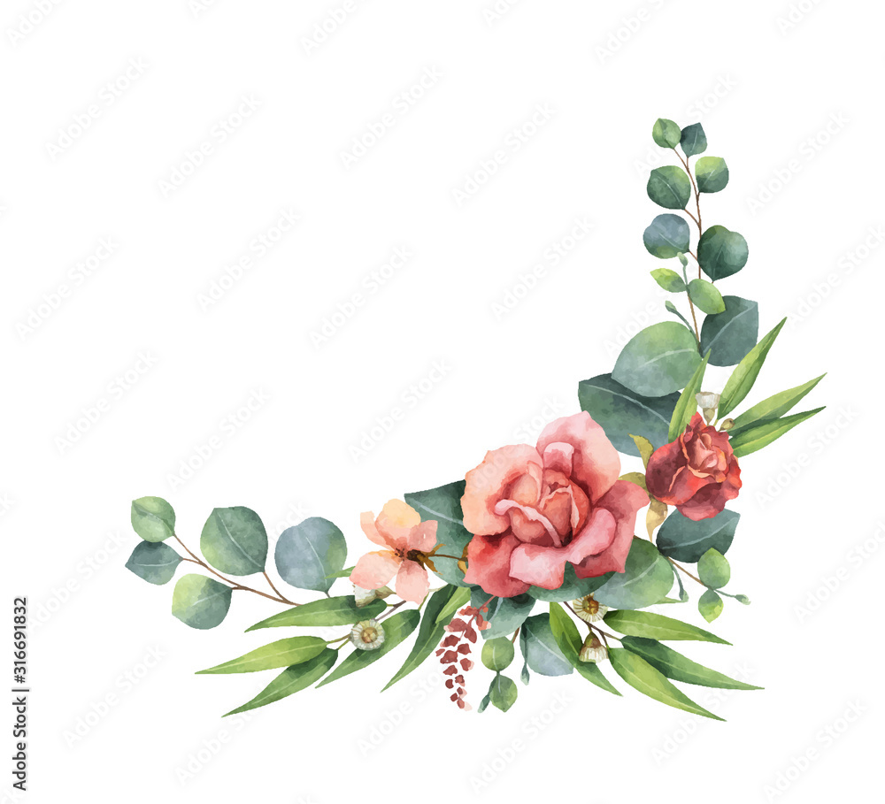 Watercolor vector hand painted wreath with green eucalyptus leaves and ...