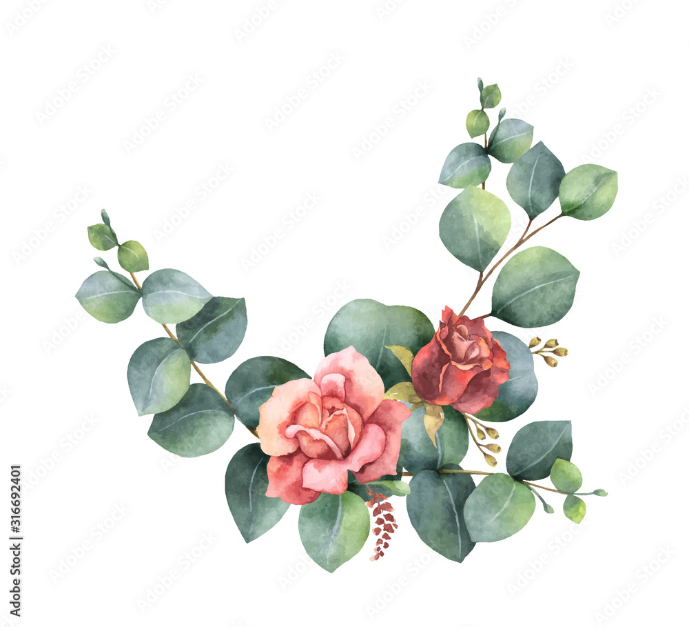 Watercolor vector hand painted wreath with green eucalyptus leaves and ...
