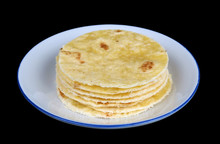 Round Soft Corn  Mini  Tortillas  Pancakes  On Plate Isolated Black Macro