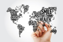 Positive Thinking Word Cloud In Shape Of World Map, Creative Concept Background