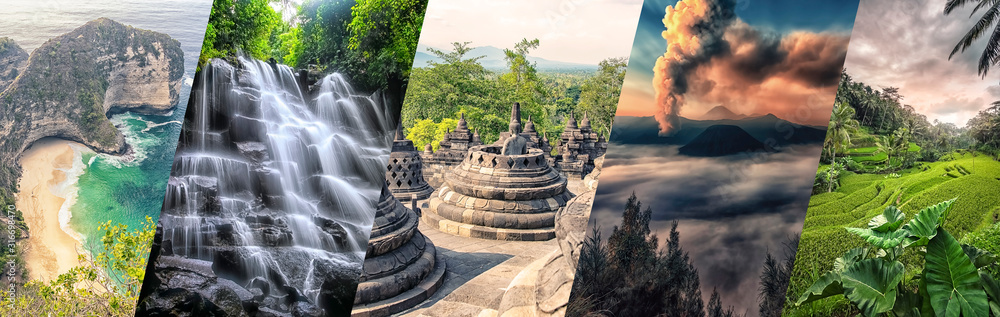 Indonesia famous landmarks collage - obrazy, fototapety, plakaty 