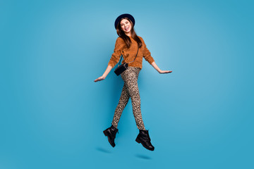 Poster - Full body photo of cheerful girl jump have autumn spring holidays enjoy emotions wear casual style stylish footwear isolated over blue color background