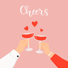 Happy St. Valentine's Day Poster. Romantic Dinner. Man And Woman Holding Wine Glasses. Modern Vector Design For Greeting Cards, Posters, Invitation, Etc.