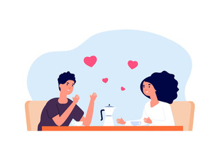 Canvas Print - Date in cafe. Friends drinking coffee, conversation girl and man. People talking on business lunch. Couple in love vector illustration. Couple conversation and drink tea or coffee