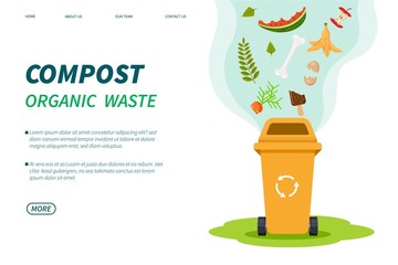 Compost waste. Composting bin, organic green trash box recycle. Foods plants garbage for garden fertilizer. Vector landing page template. Illustration compostin recycling garbage, ecology utilization