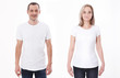 © missty - T-shirt design fashion concept, closeup of woman and man in blank white t-shirt, shirt front isolated. Mock up.