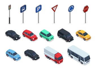 Wall Mural - Isometric cars. Road signs, 3d vehicles isolated on white background. Autos, truck and bus vector set. Auto vehicle and roadsigns isometric illustration