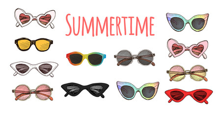 Sunglasses summer sketch set. Hand drawn sketch pattern Sunglasses.
