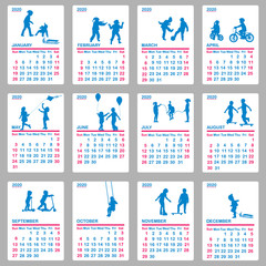 Wall Mural - 2020 Calendar with blue silhouettes of children playing