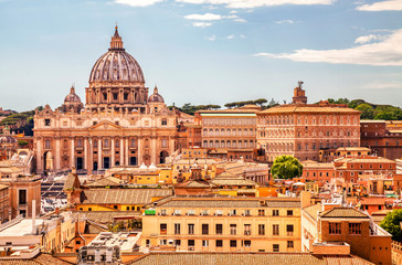 Panoramic view of Rome with St Peter's Basilica in Vatican City, Italy. Skyline of Rome. Rome architecture and landmark, cityscape.