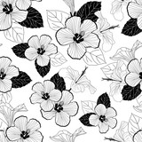 Fototapeta Młodzieżowe - Black and white hand-drawn hibiscus flowers seamless pattern