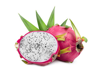 Wall Mural - dragonfruit (pitahaya) with leaf isolated on white background