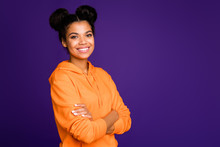 Turned Photo Of Casual Cute Charming Fascinating Gorgeous Teen With Arms Crossed Looking At You Smiling Toothily Near Empty Space Isolated Vibrant Color Purple Background
