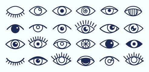 Wall Mural - Eye icons. Outline eyelashes and eyes symbols. Ophtalmology signs. Sight, closed and opened organ of vision vector collection