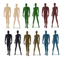 Plastic Mannequins. Men And Women Model Dolls For Clothes. Isolated Colorful Dummy For Fashion Store Vector Set