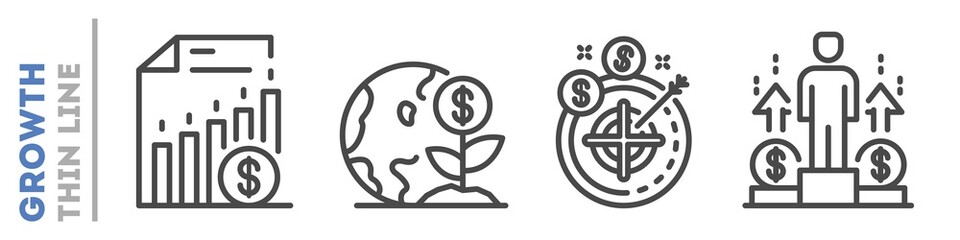 Set of thin line icons about financial or sales growth isolated on white. Outline business development pictograms collection. Success logos. Motivation, profit vector elements for infographic, web.