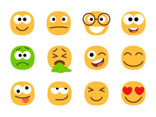 Wall Mural - Yellow and green emoticon faces. Smiley emoticons for ui, human emotions faces set, simple negative and positive icons