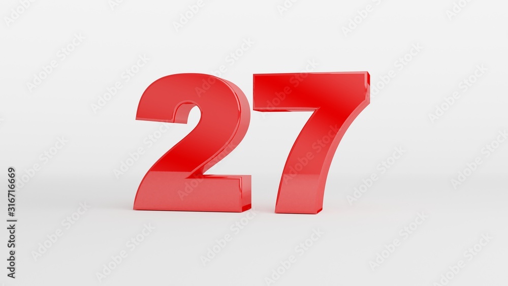 Number 27 in glossy red color on white background, isolated number, 3d ...