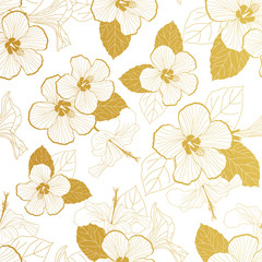 Wall Mural - white gold hibiscus seamless pattern