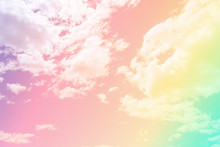Pastel Sky With Fluffy Clouds Like Cotton Candy Sweets. Abstract Background, Fantasy And Mystery Concept.
