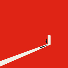 Business Opportunity Or Career Success Vector Concept With Man Walking Into Door With Light. Symbol Of Courage, Ambition