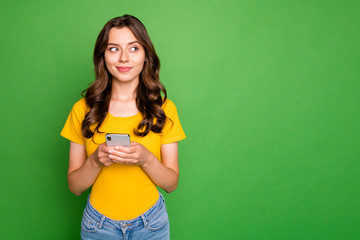 Wall Mural - portrait of her she nice attractive lovely charming cheerful wavy-haired girl writing sms message ch
