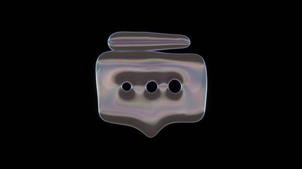 3D rendering of distorted transparent soap bubble in shape of symbol of two rounded chat bubbles isolated on black background