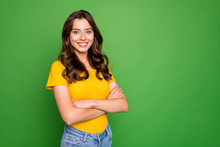 Portrait Of Her She Nice-looking Attractive Lovely Winsome Cheerful Cheery Content Wavy-haired Girl Folded Arms Isolated Over Bright Vivid Shine Vibrant Green Color Background