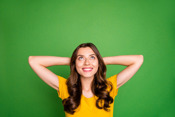 Sticker - Close-up portrait of her she nice attractive lovely pretty charming cute winsome cheerful cheery wavy-haired girl looking up resting isolated over bright vivid shine vibrant green color background