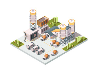 Poster - Concrete factory. Machinery manufactory production industrial concept cement mixer machine and tanks vector isometric. Illustration factory building, plant manufacturing