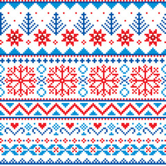 Wall Mural - Winter, Christmas Fair Isle style traditional knitwear vector seamless pattern with snowflakes, trees and hearts