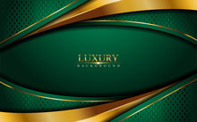 Luxury Green Background Combine With Glowing Golden Lines. Overlap Layer Textured Background