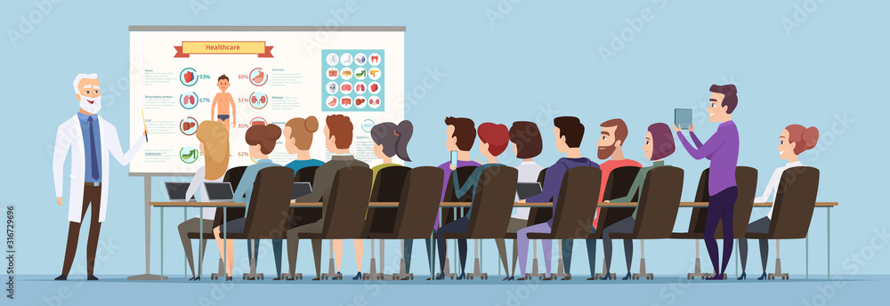 Professor lecturer. Doctor training group speech for students audience vector cartoon background. Professor lecturer, leadership on conference, briefing or seminar illustration - obrazy, fototapety, plakaty 