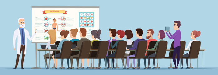 Sticker - Professor lecturer. Doctor training group speech for students audience vector cartoon background. Professor lecturer, leadership on conference, briefing or seminar illustration