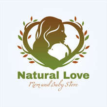 Mother And Baby Logo Template. Delicate Logo Featuring A Mother And Her Child In A Heart Shaped Frame Made With Two Branches Full Of Leaves. 