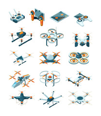 Sticker - Drones isometric. Aircraft future modern technologies transport unmanned aviation vector set. Radio delivery flying by rotorcraft, transport contemporary illustration