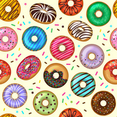 Poster - Donuts pattern. Tasty bakery dessert vector colored seamless background. Illustration pattern doughnut, bakery delicious topping