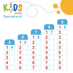 Easy colorful math count and write worksheet practice for preschool and elementary school kids.