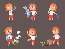Behavior Kids. Bad Angry Boys Teasing Children Vector Cartoon Set. Illustration Angry Child, Behavior Bad And Uncontrollable