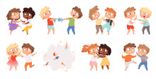 Boys Fighting. School Bully Angry Kids Punishing In Playground Vector Cartoon Characters Set. Illustration Angry Boy And Girl, Bullying Problem, Behavior Aggression