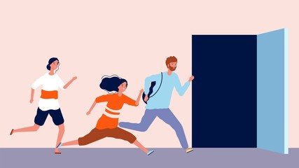 Canvas Print - People run to open door. Being late, men and women hurry. End or beginning of working office day vector illustration. Open door and person run to opportunity