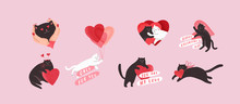 Cute Cats In Love. Romantic Valentines Day Set For Greeting Card Or Poster. Flying Cat On Balloon, Special Delivery, Kitten In Hands. Flyers, Invitation, Brochure. Vector Design Concept