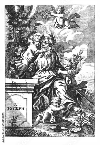 Cuadros en Lienzo Antique vintage religious allegorical engraving or drawing of Christian holy man saint Joseph, father of Jesus, with cherubs or angels