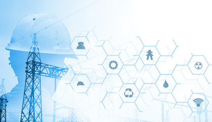Wall Mural -  Industrial engineering working at the construction site.and icon industry network connection. blue tone
