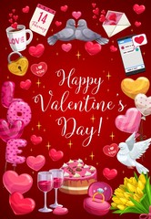 Wall Mural - Valentine day heart balloons, golden key and love lock with sparling stars. Vector Happy Valentine day calligraphy greeting in tulip flowers, birds with love message and 14 February holiday calendar