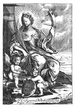 Antique Vintage Religious Allegorical Engraving Or Drawing Of Christian Holy Woman Saint Catherine Or Katharine Of Alexandria With Wheel.Illustration From Book Die Betrubte Und Noch Ihrem Beliebten
