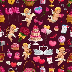 Wall Mural - Valentine day pattern of love hearts, cupid angels with balloons and roses flowers. Vector seamless background of wedding ring and cake, love potion in pot with heart lock and key pattern