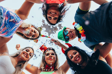 Brazilian Carnival. Group of Brazilian people in costume celebrating the carnival party in the city